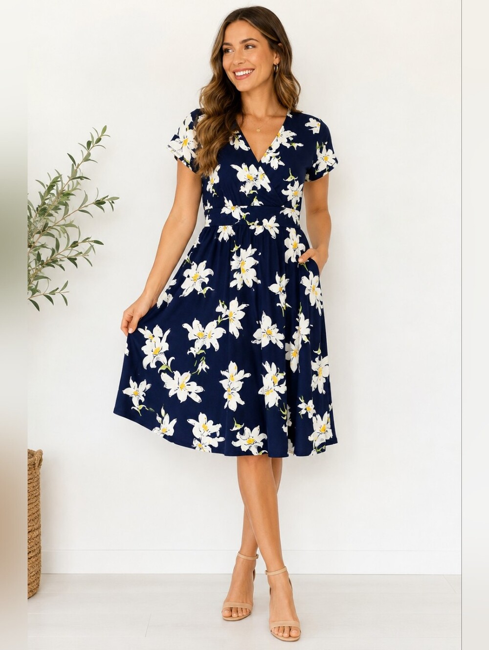 Navy Blue Floral Faux Wrap Dress Size Large White Lily Print Midi Dress
